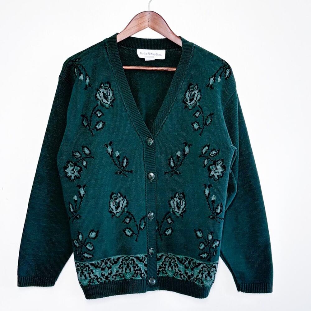 VTG Norton McNaughton Floral Cardigan Sweater Women M Green Cottagecore Academia